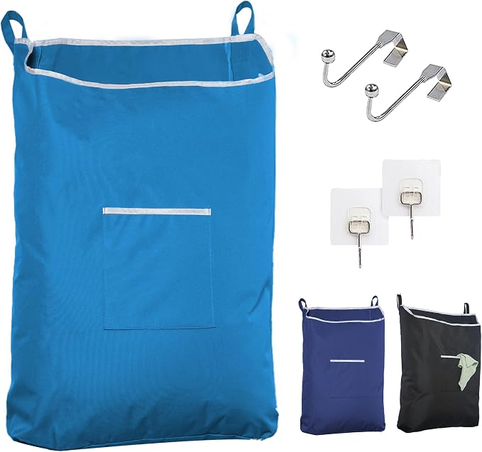 The Fine Living Co. X-Large Hanging Laundry Hamper with Over Door Hooks & Adhesive, Durable Space Saving Laundry Bag with Zipper and Wide Open Top, Hanging Dorm Laundry Hamper 20"x3.75"x31" (Blue-XL) by TheFineLivingCompany