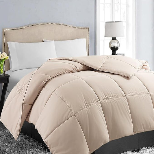 EASELAND Oversized Queen Down Alternative Comforter - Quilted Duvet Insert for All Seasons, Soft Lightweight with Corner Tabs, Summer Winter Warm Bedding, Beige 98×98 Inches