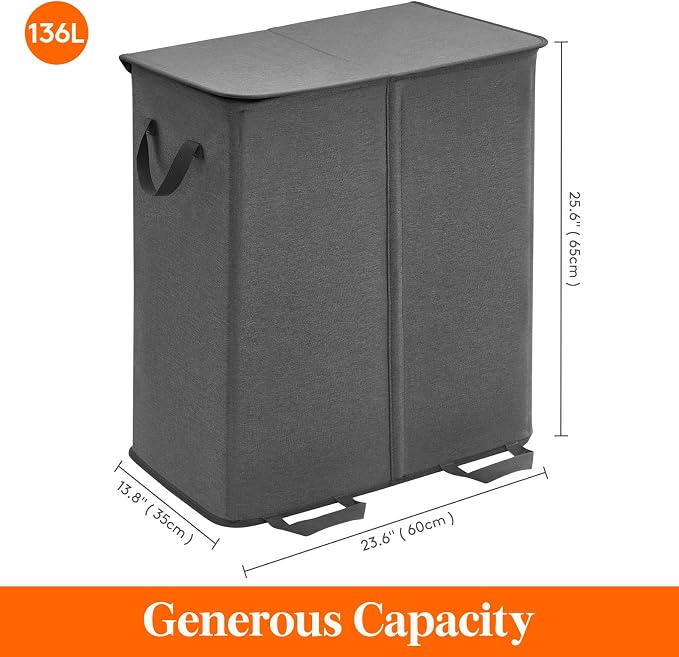 Lifewit Double Laundry Hamper with Lid and Removable Laundry Bags, Large Collapsible 2 Dividers Dirty Clothes Basket with Handles for Bedroom Laundry Room Closet Bathroom College, 136L Black - Image 6