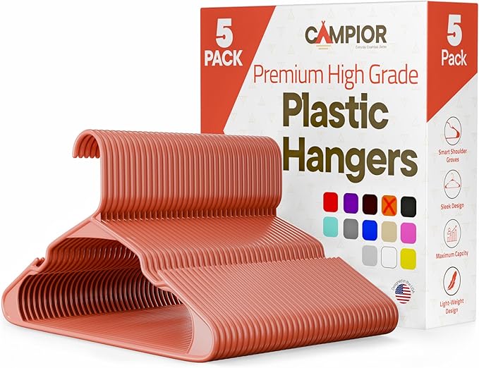 Plastic Clothes Hangers – Heavy Duty Hanger Set, for Organizing Clothes, Dresses, and Coat, Holds Up to 5 lbs, Space-Saving Hangers with Non-Slip Shoulder Grooves, Pack of 5, Brown by Campior