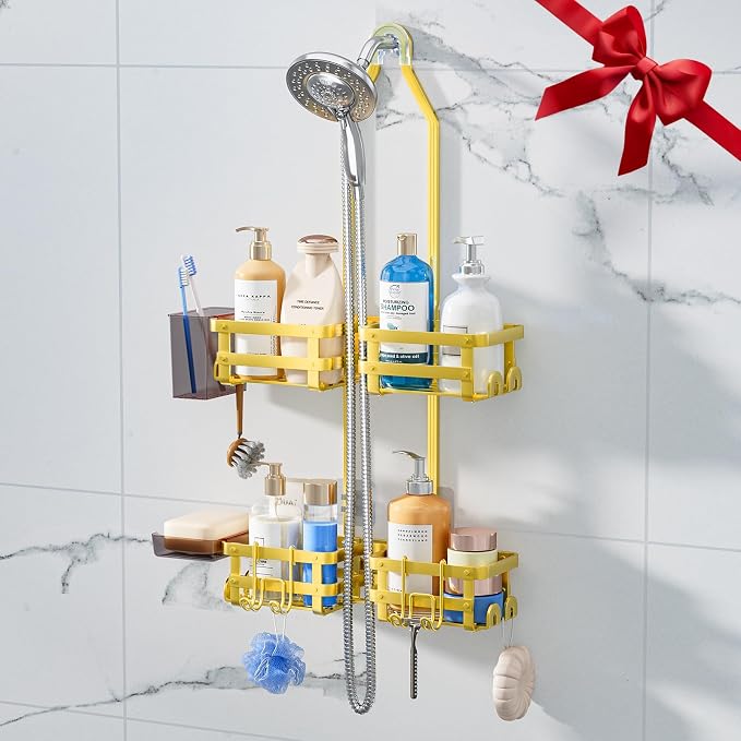 GAOKASE Aluminum Shower Caddy Hanging, Never Rust Shower Organizer- 4 Levels with adjustable Height 10 Hooks for Razor/Sponge - Rack with Soap Basket (Gold) by GAOKASE