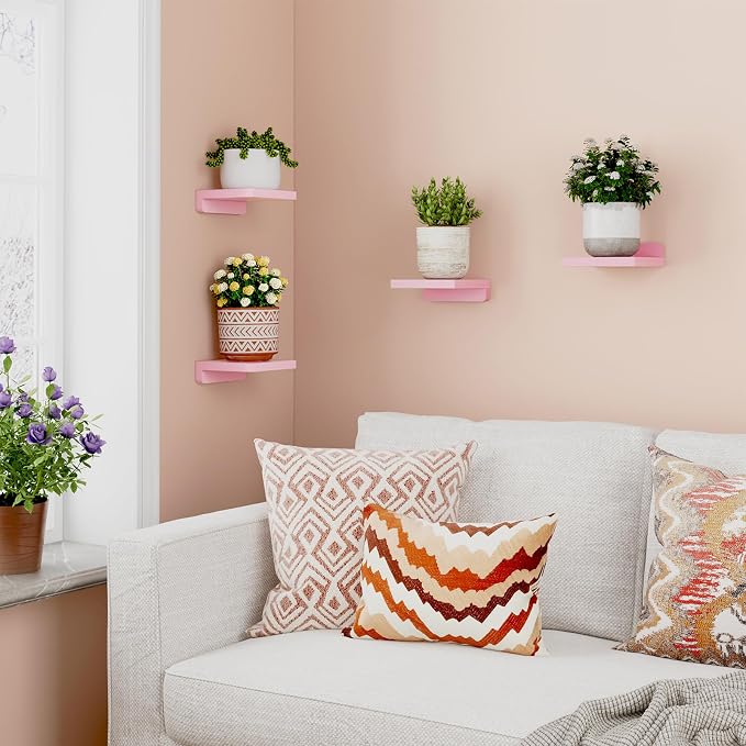 Fixwal Pink Shelves, 5x5 Inches Small Wall Shelf Set of 4, Rustic Wood Floating Wall Mounted Shelves for Bedroom, Living Room, Kitchen, Bathroom Decor (Pink) - Image 2