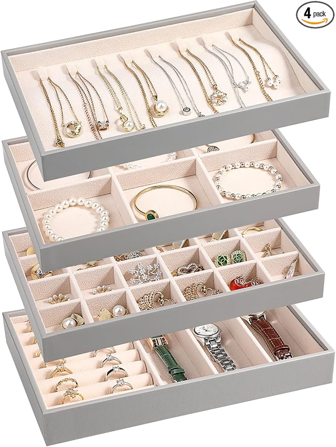 LANDICI Stackable Jewelry Organizer Trays 4 Set,PU Leather Jewelry Organizer Drawer,Jewelry Storage Display Tray for Earring Necklace Rings Bracelet with Removable Dividers,Grey by LANDICI