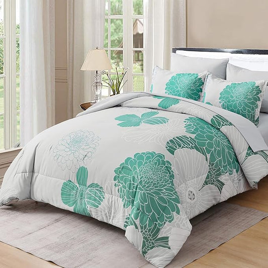 Yiran Grey Aqua Floral Queen Comforter Set Bed in a Bag Soft Microfiber Comforter Bedding Set 90"×90",7 Pieces (1 Comforter,2 Pillowcases,2 Pillow Shams,1 Flat Sheet,1 Fitted Sheet)