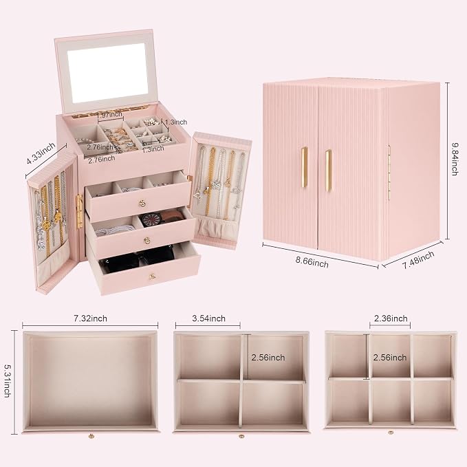 Dajasan Large Jewelry Box Organizer, Jewelry Storage with 3 Drawers, Huge Jewelry Box with Mirror, Gift Idea for Women, Girls, Double Door, Textured PU Leather Surface, Stylish (Pink + Gold) - Image 2
