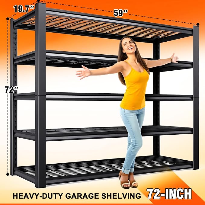 59 ''W Storage Shelves, 71‘’H Garage Shelving, Adjustable Garage Shelves, 3000lbs Heavy Duty Shelving ,5 Tier Garage Storage Shelves,Easy-To-Install Metal Shelf Storage Rack Shelving Unit 2 Pack - Image 3