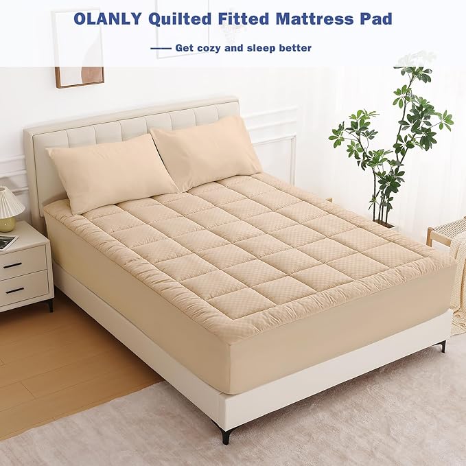 OLANLY California King Quilted Fitted Mattress Pad, Elastic Fitted Mattress Topper, Cooling Soft Mattress Cover Stretches up to 21 Inches Deep, Machine Washable Mattress Protector (72x84 inch, Beige)