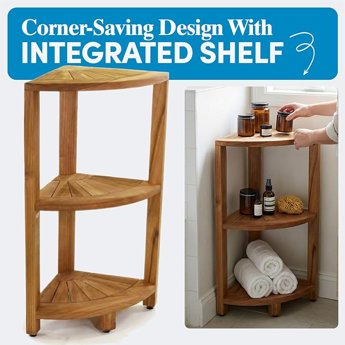 AquaTeak 12" Kai-Petite Teak Corner Shelf Stand - Shower Stand with 3 Tier Shelf for Bathroom - Durable Water Resistant Shower Organizer - Space-Saving Storage Shelves with Anti-Slip Feet - Image 4