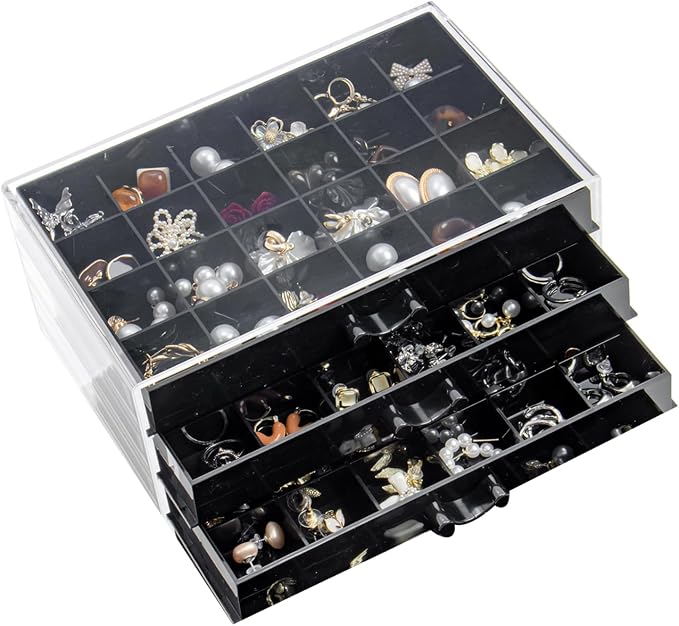 YUFONG Earring Storage Box Organizer 3 Drawers Acrylic Jewelry Storage Box Holder Transparent Jewelry Display Stand with 72 Small Compartments Gift for Women Girls (Black) by YUFONG