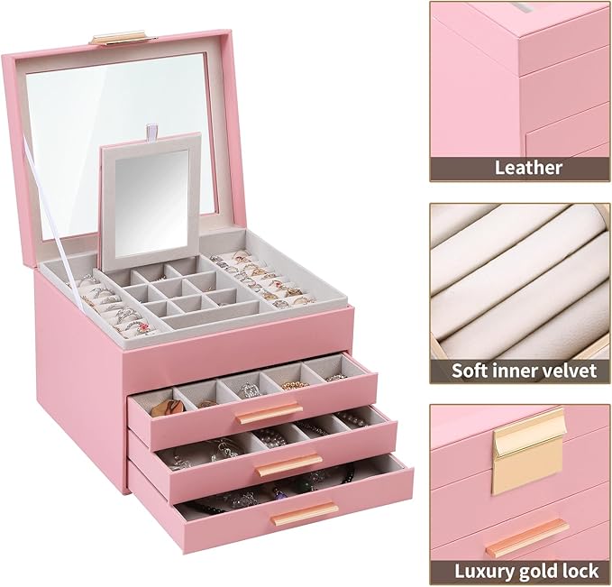 BOOVO Clear Lid Jewelry Box,4 Layers Jewelry Organizer Large Jewelry Storage Box with 3 Drawers,Jewelry Holder Organzier of Rings Earrings Necklace Bracelets for Women (Pink, 4 Layer) - Image 2