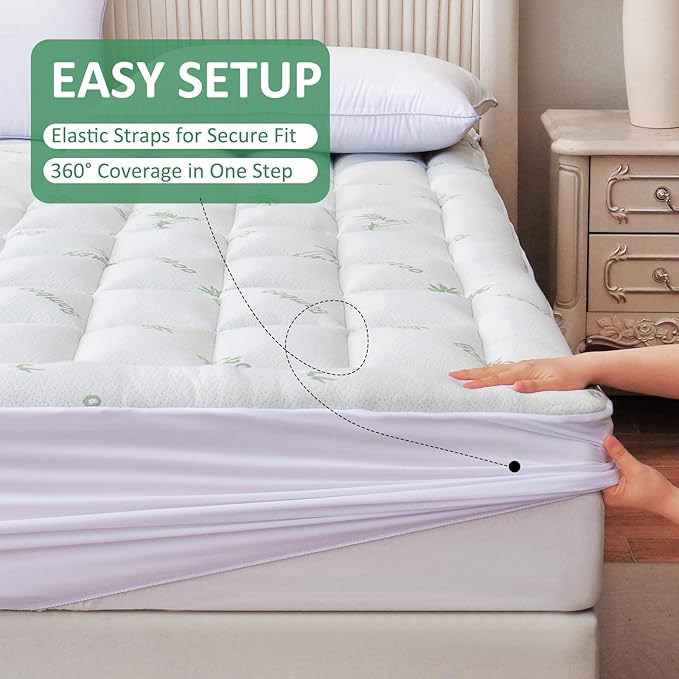 oaskys Mattress Topper King Size - Cooling Extra Thick Breathable Viscose Made from Bamboo Mattress pad - Soft Quilted Fitted Mattress Cover with Down Alternative Fill (8-21”Deep Pocket)