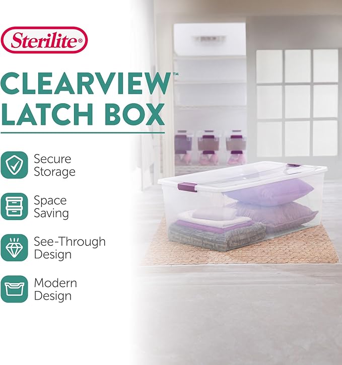 Sterilite 4-Pack 110 Quart ClearView Latch Box, Stackable Organizer Bins with Latching Lids - Clear Plastic Organization Containers for Closet, Bedroom, Shelving Units and Everyday Home Storage - Image 2