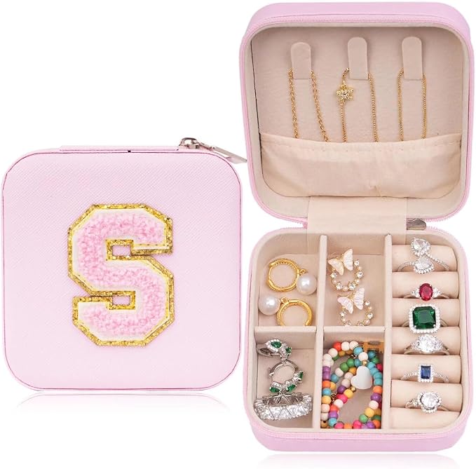 ETHOON Jewelry Travel Case Small Organizer Stocking Box Personalized Gifts Teenage Jewelry Accessories Holiday Wedding Christmas Gift for Women Pink, Letter S by ETHOON