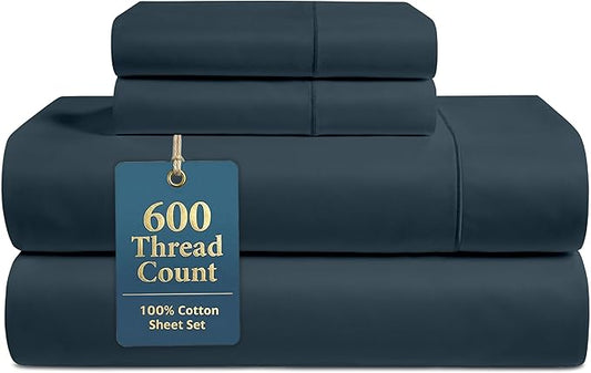 LANE LINEN 100% Cotton Sheets King Size – 600 Thread Count King Size Bed Sheets, Hotel Luxury Soft Silky Sateen Weave, Durable for Year Round Use, Fully Elasticized 15" Deep Pocket – Estate Blue