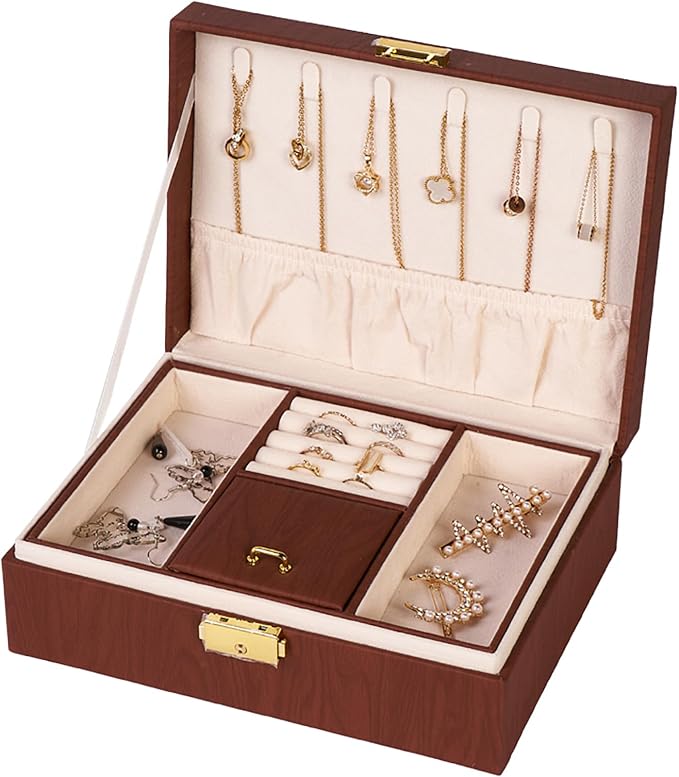 Jewelry Box Organizer for Women Girls Gift, 2 Layer Large Jewelry Storage Case, Vintage Wood PU Leather Display Jewellery Holder with Removable Tray for Necklace (Black walnut wood grain) by Unknown