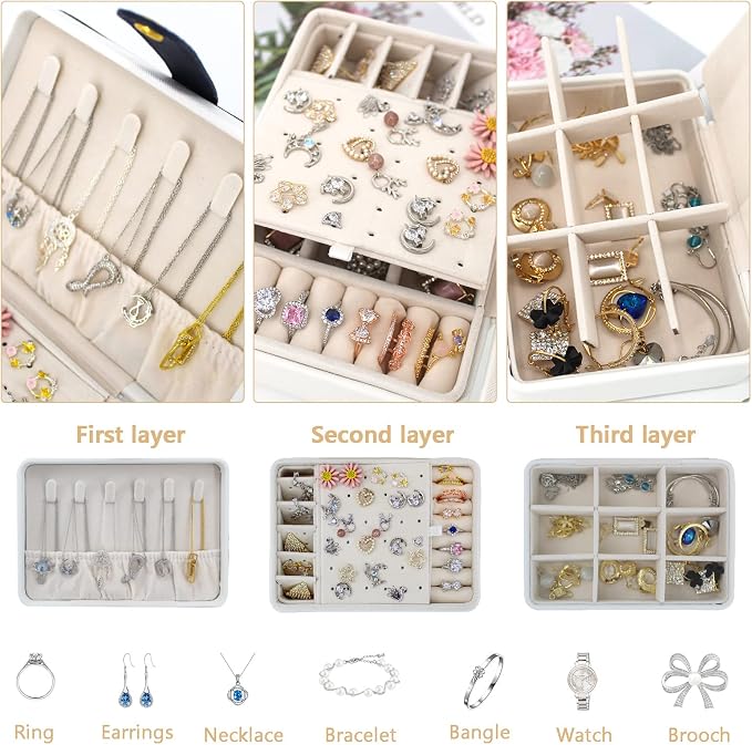 KOOAAICCHI Small Jewelry Box, Travel Jewelry Organizer, Portable Jewelry boxes for Women Girls Gift, Double Layers PU Leather Jewelry Holder for Rings, Earrings, Necklaces-White - Image 3