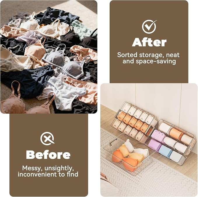 Socks Bra Underwear Drawer Organizer for Closet, 2 PCS Plastic Storage Box with 9 Removable Compartments and Lid, Clear Dresser Drawer Organizer Storage Container with Dividers for Sock Ties Belts - Image 7