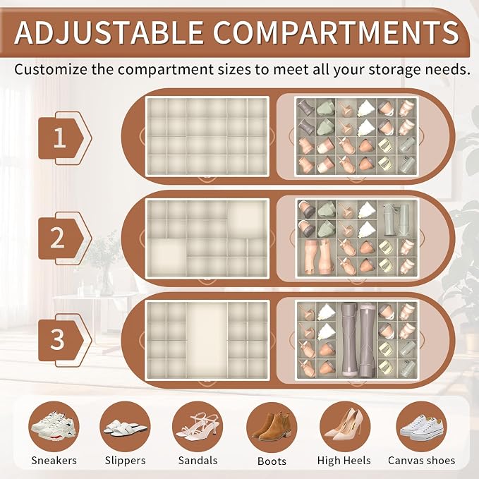 Foyego Shoe Organizer for Closet, Shoe Storage Organizer with Wheels and Adjustable Dividers, Stackable Shoe Storage Box with Clear Cover, Foldable Closet Shoe Organizer Fits up to 24-48 Pairs, Beige - Image 5