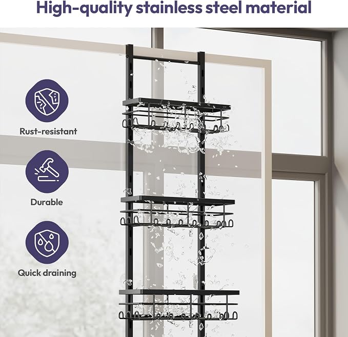 SWTYMIKI Over The Door Shower Caddy - 4 Tier Rustproof Hanging Shower Organizer with Adjustable Shelves, 40 Hooks & Soap Holder, Hanging Shower Rack Storage for Bathroom Accessories, Black - Image 4
