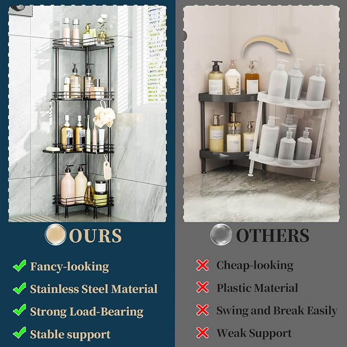 Consumest Corner Shower Caddy Standing - 4-Tier Stainless Steel Shower Organizer with Soap Holder and 4 Hooks, Large Capacity Corner Shelf Stand for Bathroom, Rest Room, Black - Image 2