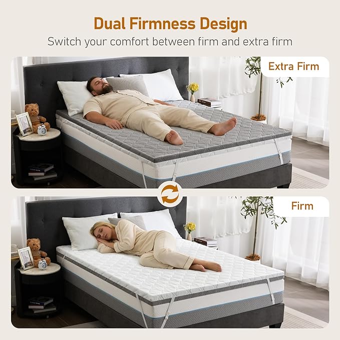 Extra Firm Mattress Topper Queen: 4 Inch Firm & Extra Firm Dual Sides Flippable Mattress Pad, High Density Foam for Back Pain, Washable Anti-Slip Bamboo Cover, Oeko-TEX CertiPUR-US Certified, 80x60