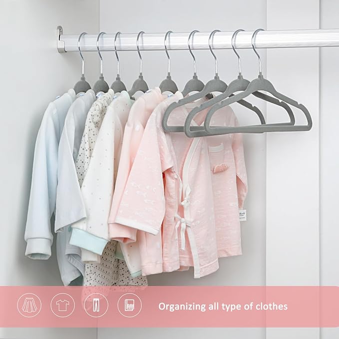 ManGotree Non-Slip Baby Velvet Clothes Hangers, Kids Coat Hangers with Swivel Hook and Notched Shoulders, Hanger for Children, Infant, Toddler Clothes 15 Pack (Grey) - Image 6