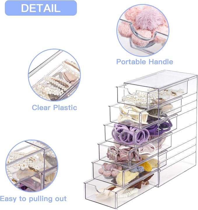 FABROK Clear Hair Accessory Organizer Box with 6 Drawers, Compact Storage Organization Drawers Set for Cosmetics, Glasses, Stationery, Stackable Storage Containers Box for Bathroom, Closet, Office - Image 4