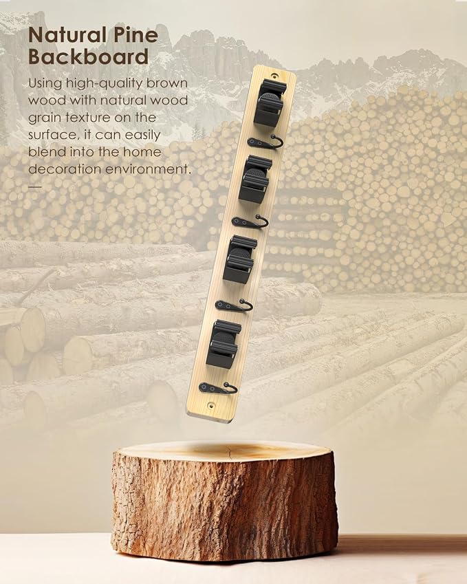 Broom Holder Wall Mounted, Light Wood 4 Holders and 4 Hooks Mop Holder, Wooden Mop and Broom Holder with Anti slip rubber, Natural pine wood Brush Holder, Mop Wall Holde with Nail installation - Image 7