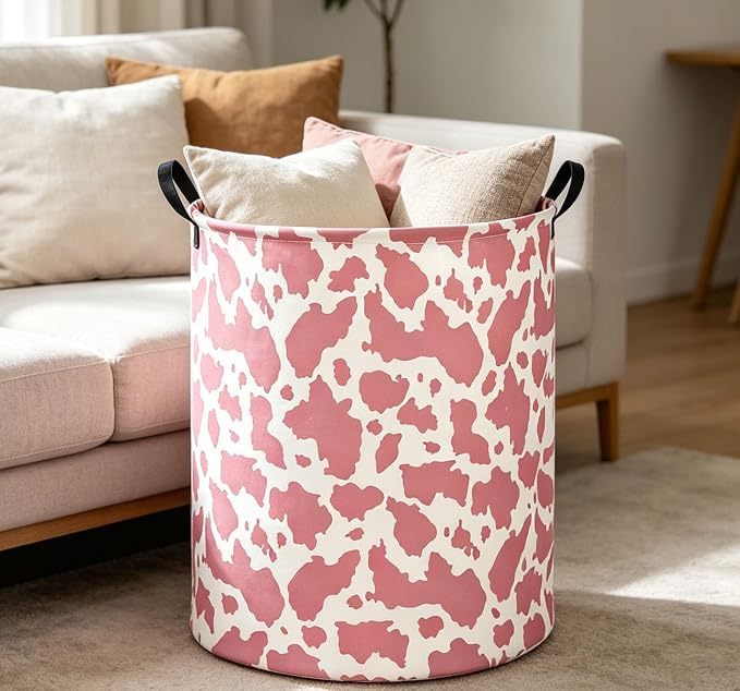 Kids Laundry Basket Cow Hamper for Nursery Pink Hamper Cute Kids Storage Bin Organizer Room Decor for Home(Pink cow) - Image 3