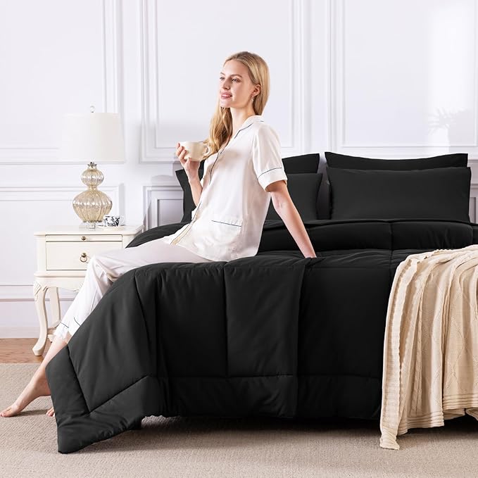 CozyLux Oversized Queen Comforter Sets Black, 7 Pieces Bed in a Bag, Ultra-Soft All Season Bedding Sets with Stitch Quilted Comforter, Flat Sheet, Fitted Sheet, Pillowcases