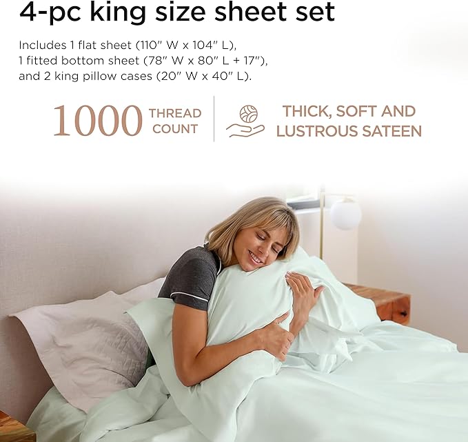 Threadmill Supima King Size Sheets, 1000 Thread Count, 4 Piece American Luxury Bed Sheets for King Mattress, 5 Star Hotel Quality Cotton Sheets with Elasticized Extra Deep Pocket, Seaglass