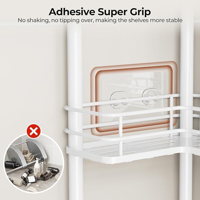 Orimade Rustproof 2 Tier Floor Standing Corner Shower Caddy Organizer with Toothbrush Holder, Large Spacing Floor Shower Shelf Rack Storage Stands with Hooks for Bathroom Kitchen, White - Image 5