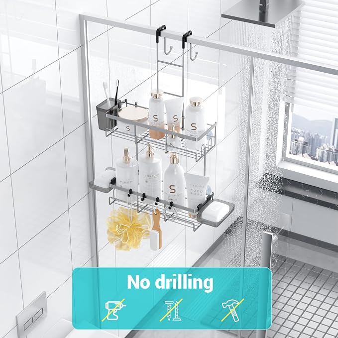 Aitatty Hanging Shower Caddy Over Door: Silver Rustproof Shower Organizer over the Door - No Drilling Bathroom Rack for Inside Shower - Image 4