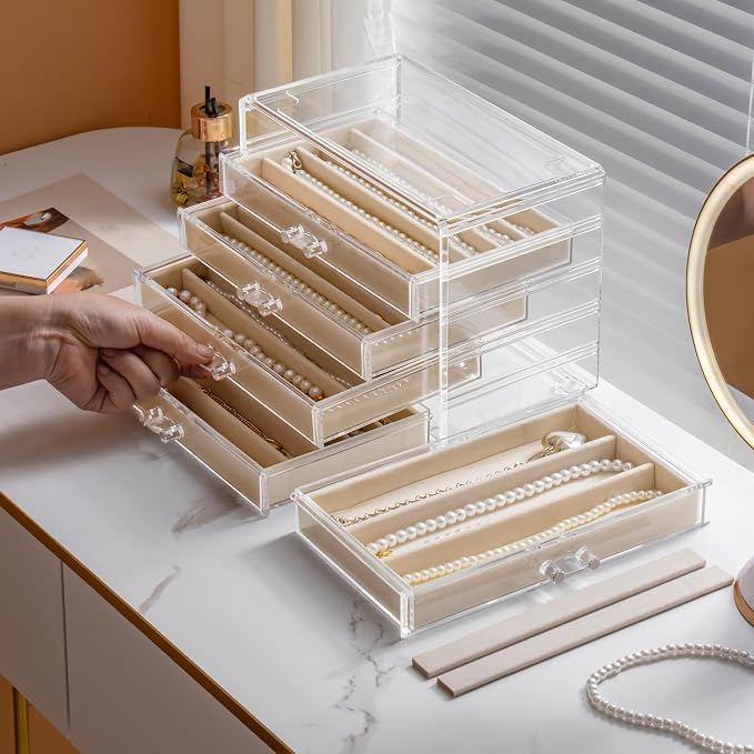 YUFONG Necklace Holder Organizer, Dustproof Necklace Box Velvet Necklace Organizer Box with Lid Clear Acrylic Dustproof Stackable Jewelry Displays for Necklaces Chain Display (Beige, 5 Drawer) - Image 2