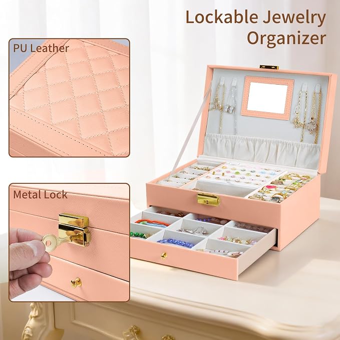 coobest Jewelry Box, 2 Layer Jewelry Organizer with Velvet Earring Organizer, Jewelry Holder Organizer Travel, White Jewelry Boxes for Women, Jewelry Boxes & Organizers for Girls, pink - Image 6