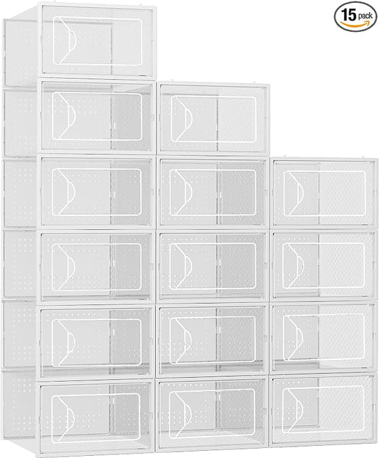 Foluck Shoe Storage Box, 15 Pack Clear Plastic Stackable Shoe Organizer for Closet, Interlocking Design Shoe Container Bins for Sneakers, Foldable Shoe Rack with Lids, White by Foluck