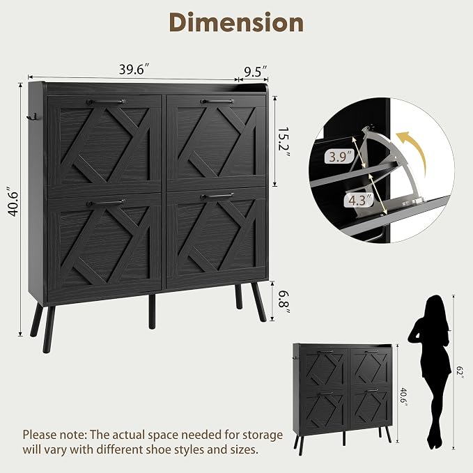 Nicetree Shoe Cabinet with 4 Flip Drawers, Hidden Shoe Rack Cabinet with Metal Legs, Farmhouse Narrow Shoe Storage Cabinet for Entryway, Foyer, Hallway, Black with Hook - Image 2