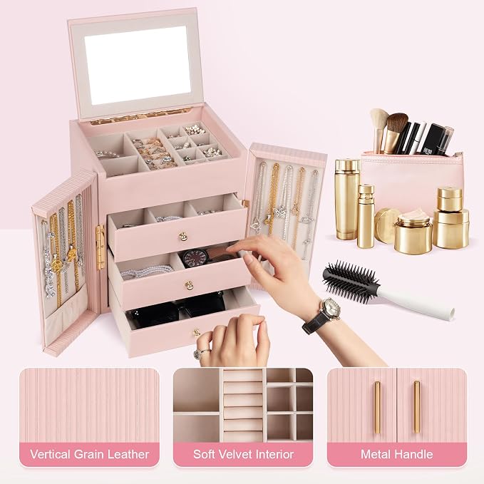 Dajasan Large Jewelry Box Organizer, Jewelry Storage with 3 Drawers, Huge Jewelry Box with Mirror, Gift Idea for Women, Girls, Double Door, Textured PU Leather Surface, Stylish (Pink + Gold) - Image 4