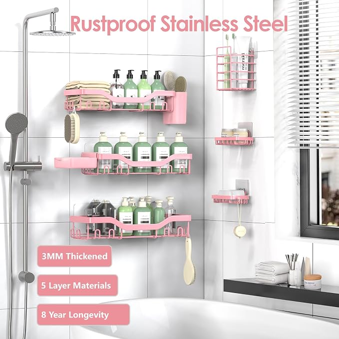 NESOMI Shower Caddy Adhesive Shower Organizer 8-Pack, Rustproof Stainless Steel Bathroom Shelves, Large Capacity No-Drill Rack Storage Accessories with Soap Dish Toothbrush Holder Hooks - Image 5