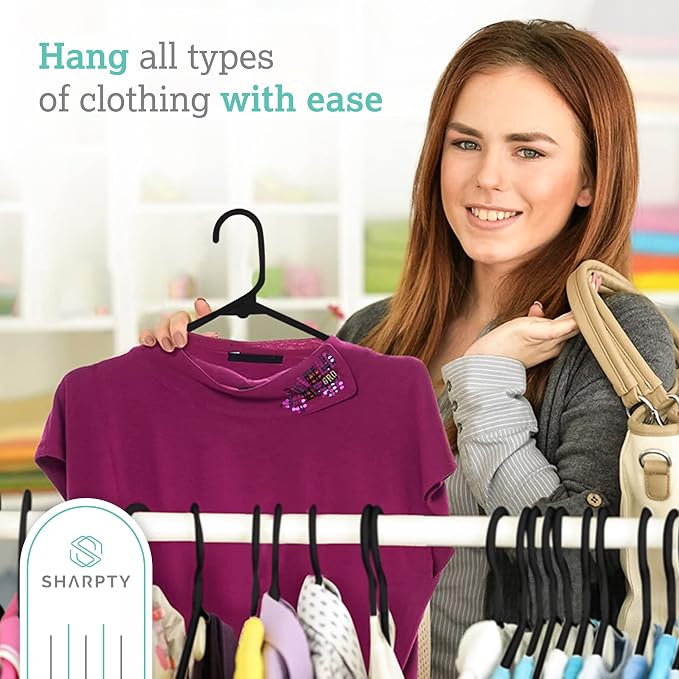 Sharpty Plastic Hangers Clothes Hangers for Clothing, Closet, Coats & Shirts - Notched, Durable & Space Saving - for Everyday Standard Use, Room Essentials & Basics - 50 Pack - Black - Image 2