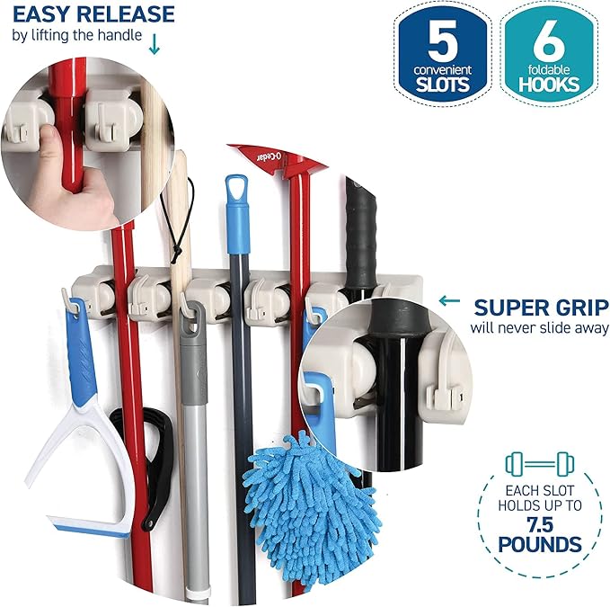 Mop and Broom Holder Wall Mount 2 Pack - Garage Storage Organizer with 5 Slots, 6 Hooks, 7.5lbs Capacity Per Slot - Home, Kitchen, Closet, Laundry Room Organization – Off-White Broom Hanger - Image 4