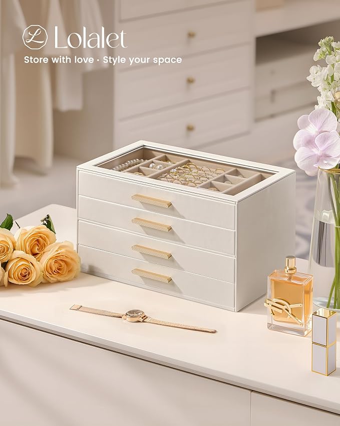 Lolalet Jewelry Box Organizer, 4-Layer Jewelry Organizers and Storage Case with Glass Lid, Ring Earring Bracelet Necklace Holder Organizer, Birthday Valentine Gifts for Women Girls -4Layer, Beige - Image 4