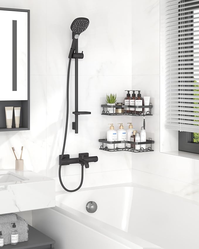 Sakugi Corner Shower Caddy - 2 Pack, Adhesive Shower Organizers, Rustproof Stainless Steel Shower Shelves with 8 Hooks, No Drilling Bathroom Organizers and Storage Racks, Space-Saving, Black, Medium - Image 3