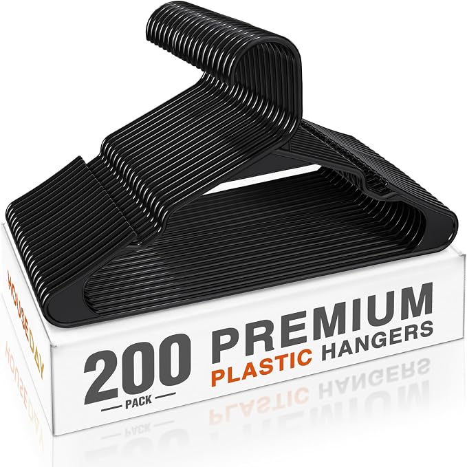 HOUSE DAY 200 Pack Plastic Clothes Hangers, Commercial Bulk Shipment for Business, Sturdy Durable Notched Hangers Ideal for Retail Dry Cleaners Warehouses, Save Cost & Warehouse Space - Black by HOUSEDAY
