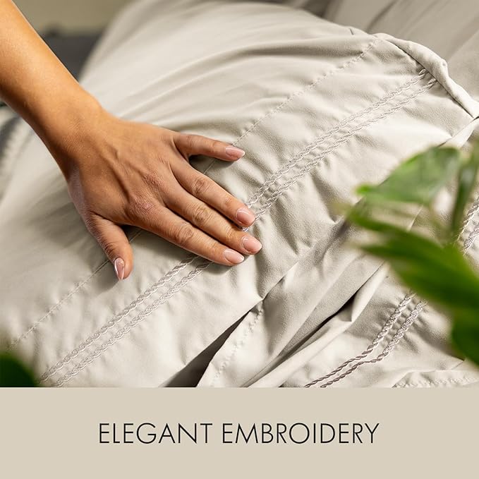ClevaHome Queen Size Sheet Set - 6 Piece Soft Breathable Luxury Bed Sheet Set - Shrinkage & Fade Resistant Embroidered Bedding Sheet with Deep Pocket, 2 Extra Pillowcases (Queen, Oat Milk) (Pack of 2)