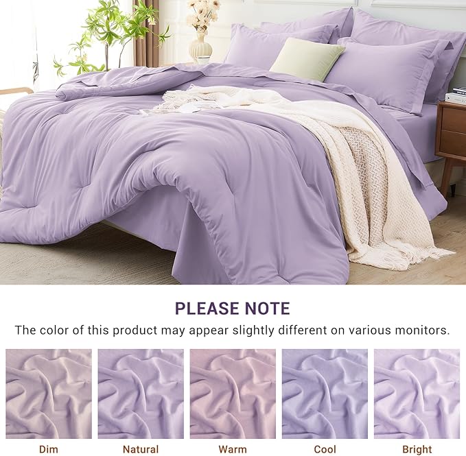 MUXHOMO 7 Pieces Queen Comforter Set, Soft Bed in a Bag Queen Size, All Season Bedding Set with Comforter, Flat Sheet, Fitted Sheet, Pillowcases & Shams, Lavender