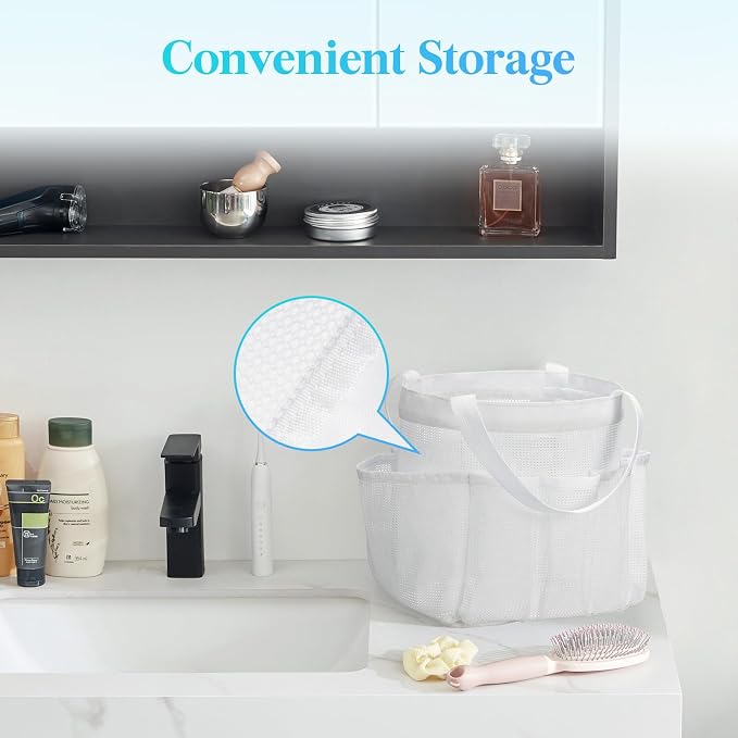 Lifewit Mesh Shower Caddy Portable for College Dorm Room Essentials with 7 Pockets, Freestanding Hanging Organizer Basket, Quick Dry Tote Bag for Camping, Bathroom, Beach, Travel, 1 Pack, White - Image 3