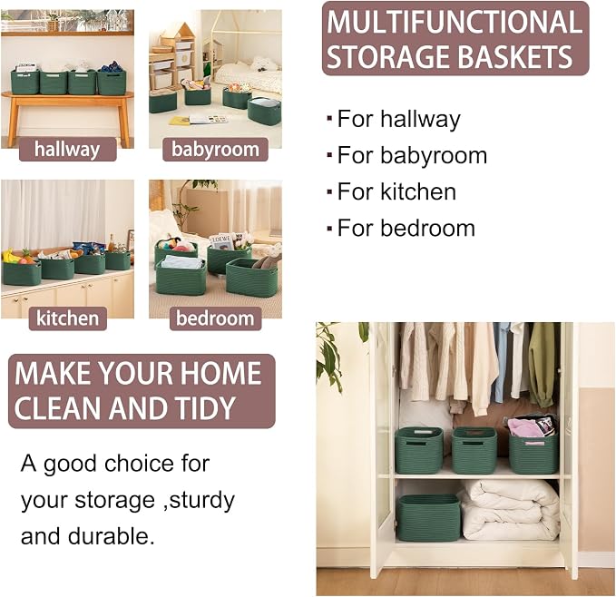 OIAHOMY 4 Pack Storage Baskets for Organizing, Cube Storage Bins for Shelves, Rectangle Storage Baskets With Handles, Woven Baskets for Storage, 12.7''Lx9''Wx7.8''H, Green - Image 6