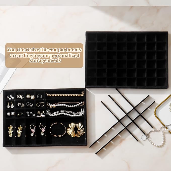 Large Velvet Jewelry Tray 2 Pack Stackable Jewelry Display Drawer Inserts Trays Organizer for Earring Bracelet Necklace Ring (Black, 48 Grids) - Image 4