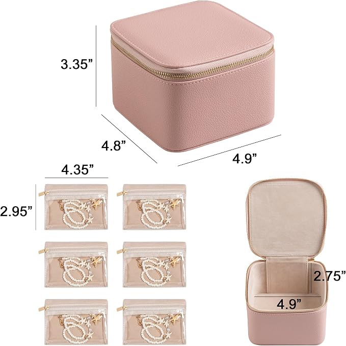 Frebeauty Small Travel Jewelry Box,Travel Jewelry Case with 6 Pouch Bags,Portable Travel Jewelry Organizer,Mini Jewelry Storage,3.35 x 4.9 x 4.8 Inches,Gift Idea for Women Girls(Pink) - Image 3